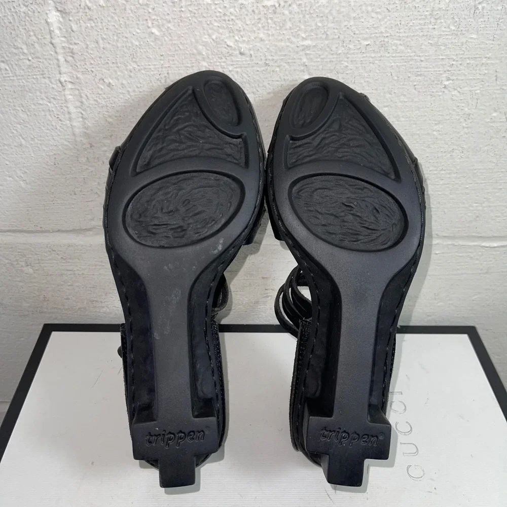 Trippen Black Leather Strappy Wedge Sandals Womens‎ 37 EU/6.5 US Made In Germany